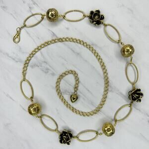 Black Rhinestone Flower Gold Tone Chain Link Belt One Size (OS) ✨